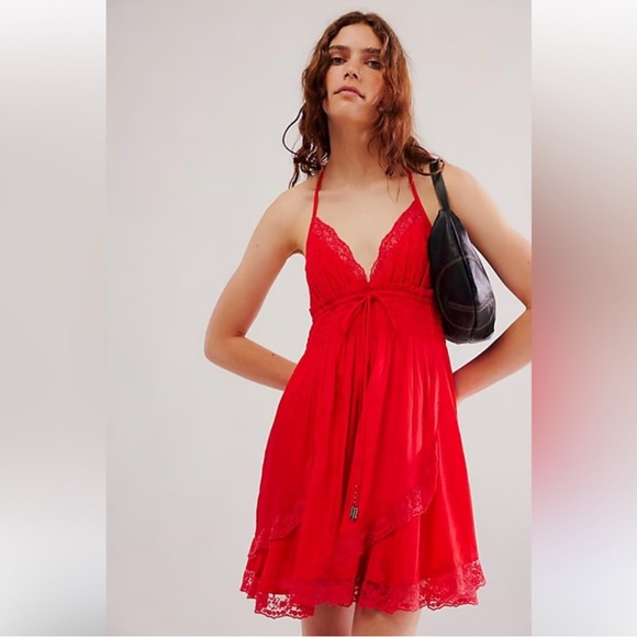 Free People Dresses & Skirts - Free People Womens XL For A Moment Red Halter Top Mini Dress Lace Trim Lined New